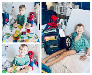 Collage of photos of Dallas with his bag of fun and toys
