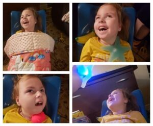Collage of photos of Serenity playing with her toys and being silly