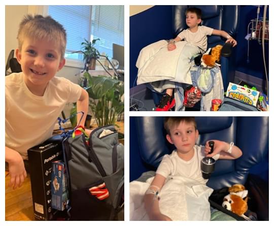 Collage of photos of Seyd with his bag in the hospital