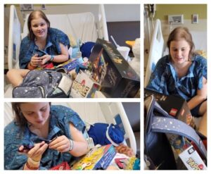 Photos of Stephany in her hospital bed playing with her toys