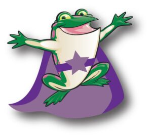 Bags of Fun frog illustration with a cape and star belt