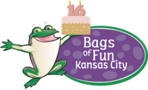 Bags of Fun Kansas City Sweet 16 Logo. The frog illustration is holding a cake with a number 1 and 6 candle on it.